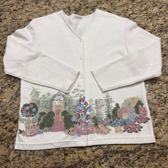 Sweaters - Vintage Cottagecore Garden Graphic Ribbed Cardigan Cream Floral V-Neck Sweater v
